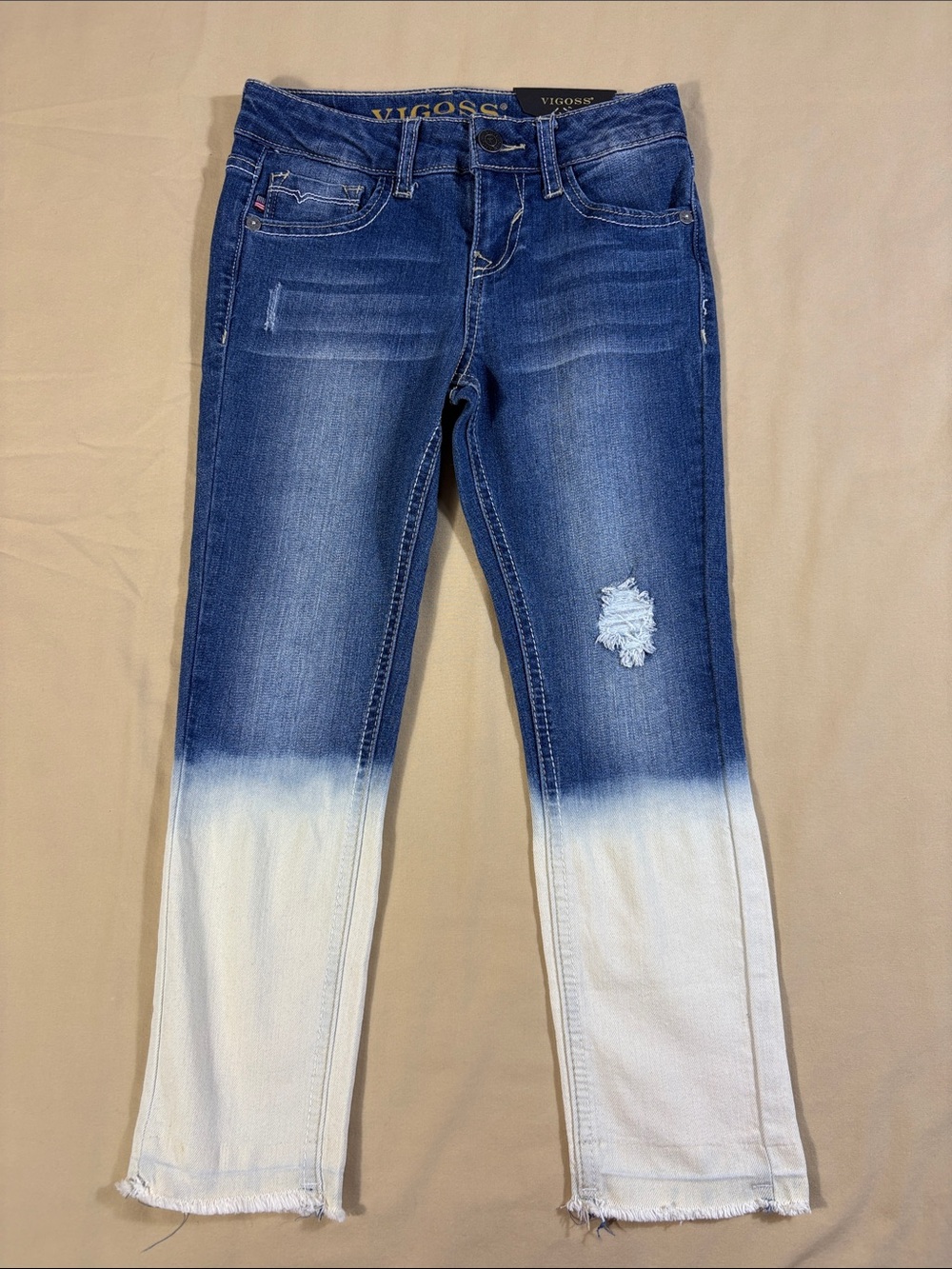 Vigoss Girls Ombre Dip Dye Skinny Jeans Distressed Size 7 Blue White NWT